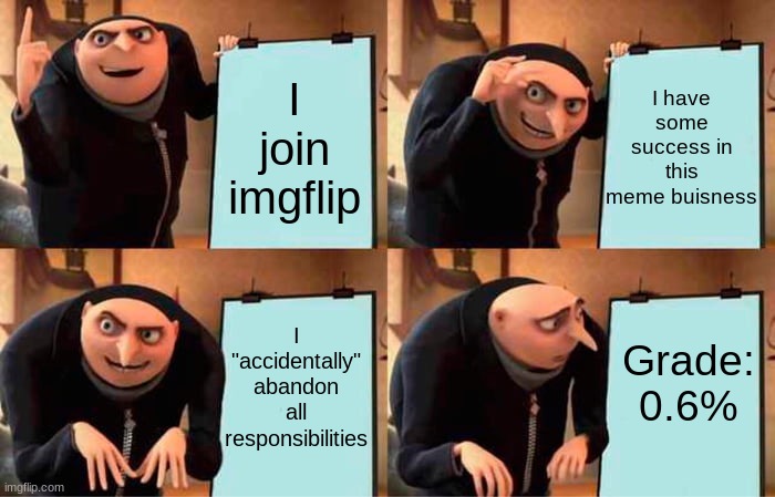 Have You Done This? | I have some success in this meme buisness; I join imgflip; I "accidentally" abandon all responsibilities; Grade:
0.6% | image tagged in memes,gru's plan,school,funny | made w/ Imgflip meme maker