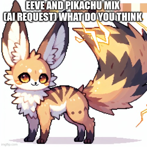 I asked the ai to make me a Eevee Pikachu mix and this is what I got: | EEVE AND PIKACHU MIX (AI REQUEST) WHAT DO YOU THINK | image tagged in eevee and pikachu mix,eevee,pikachu,ai,pokemon,ai art | made w/ Imgflip meme maker