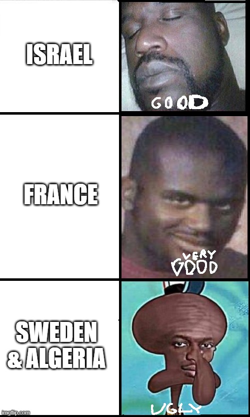 shoq    good . very good . ugly | ISRAEL FRANCE SWEDEN & ALGERIA | image tagged in shoq good very good ugly | made w/ Imgflip meme maker