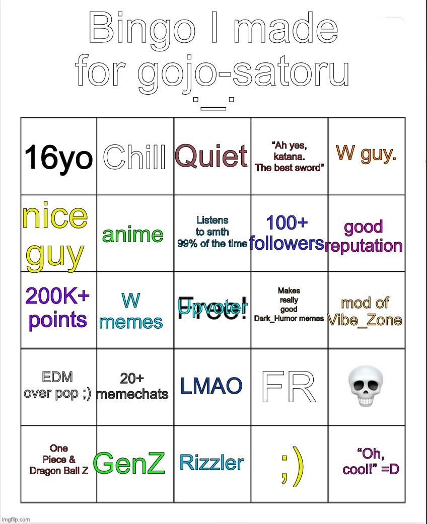 HONOR! | image tagged in gojo s bingo reimagined by owu | made w/ Imgflip meme maker