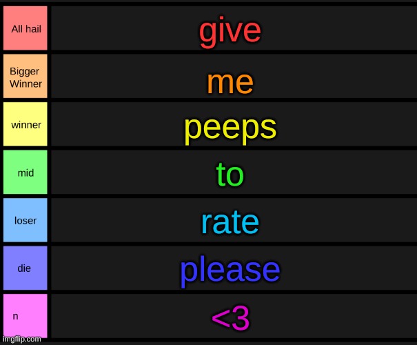 ye | give; me; peeps; to; rate; please; <3 | image tagged in yoshi's tier list | made w/ Imgflip meme maker