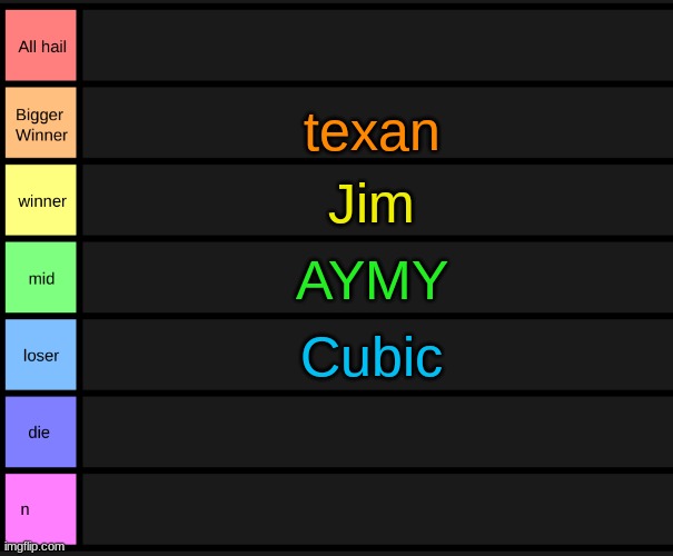 anyone else? | texan; Jim; AYMY; Cubic | image tagged in yoshi's tier list | made w/ Imgflip meme maker
