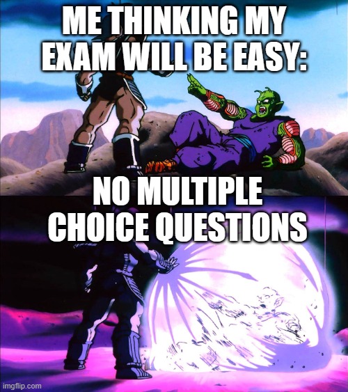Meme | ME THINKING MY EXAM WILL BE EASY:; NO MULTIPLE CHOICE QUESTIONS | image tagged in turles | made w/ Imgflip meme maker