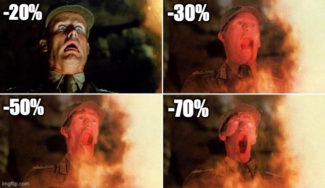 cryptocurrency facemelt | -20%; -30%; -50%; -70% | image tagged in indiana jones face melt | made w/ Imgflip meme maker