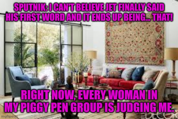Jet's first word (Part 2) | SPUTNIK: I CAN'T BELIEVE JET FINALLY SAID HIS FIRST WORD AND IT ENDS UP BEING... THAT! RIGHT NOW, EVERY WOMAN IN MY PIGGY PEN GROUP IS JUDGING ME. | image tagged in living room | made w/ Imgflip meme maker