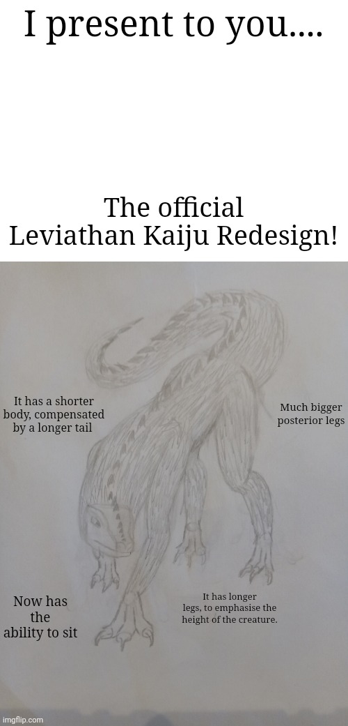 Watch this get under 20 views 1 upvote and 0 comments like the rest of my posts | I present to you.... The official Leviathan Kaiju Redesign! It has a shorter body, compensated by a longer tail; Much bigger posterior legs; It has longer legs, to emphasise the height of the creature. Now has the ability to sit | made w/ Imgflip meme maker