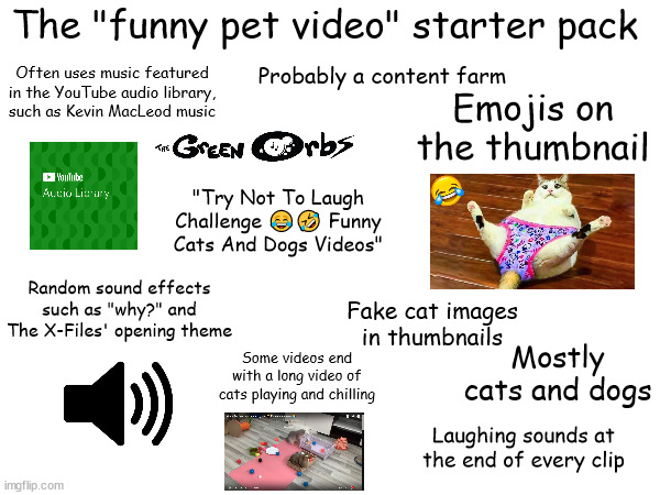 Remade the previous meme I made because the lack of many images. | The "funny pet video" starter pack; Probably a content farm; Often uses music featured in the YouTube audio library, such as Kevin MacLeod music; Emojis on the thumbnail; "Try Not To Laugh Challenge 😂🤣 Funny Cats And Dogs Videos"; Random sound effects such as "why?" and The X-Files' opening theme; Fake cat images in thumbnails; Mostly cats and dogs; Some videos end with a long video of cats playing and chilling; Laughing sounds at the end of every clip | image tagged in memes,starter pack,funny pets,kevin macleod,the green orbs,youtube audio library | made w/ Imgflip meme maker