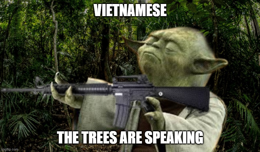 Vietnam Yoda | VIETNAMESE; THE TREES ARE SPEAKING | image tagged in vietnam yoda | made w/ Imgflip meme maker