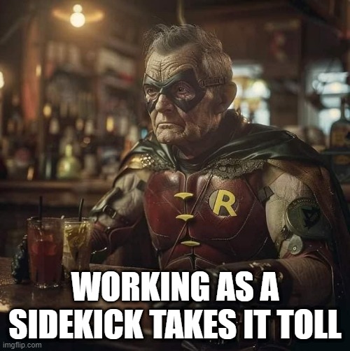 Old Robin | WORKING AS A SIDEKICK TAKES IT TOLL | image tagged in batman and robin | made w/ Imgflip meme maker