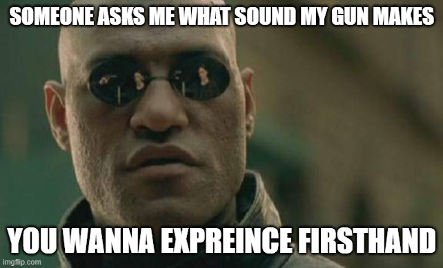not a bad thing i realized after  wrote it but just when people annoy me you wanna know how it sounds bruh | SOMEONE ASKS ME WHAT SOUND MY GUN MAKES; YOU WANNA EXPREINCE FIRSTHAND | image tagged in memes,matrix morpheus | made w/ Imgflip meme maker