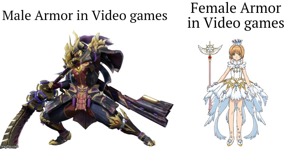 The looks of armor for male and female be like: | Male Armor in Video games; Female Armor in Video games | image tagged in memes,funny,armor,male,female | made w/ Imgflip meme maker