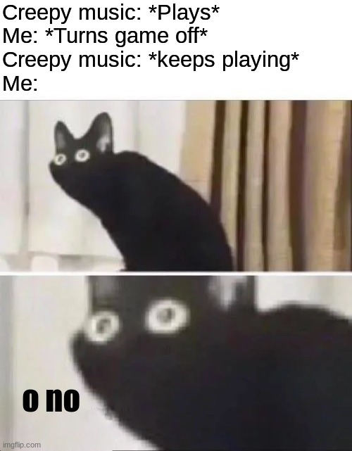 Next thing I know I'm meeting Sonic.EXE in a VERY violent way. | Creepy music: *Plays*
Me: *Turns game off*
Creepy music: *keeps playing*
Me:; o no | image tagged in oh no black cat | made w/ Imgflip meme maker
