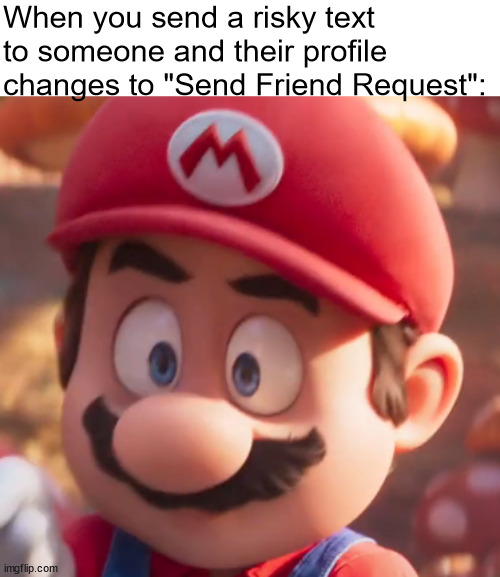 oh no | When you send a risky text to someone and their profile changes to "Send Friend Request": | image tagged in movie mario looking concerned,memes | made w/ Imgflip meme maker
