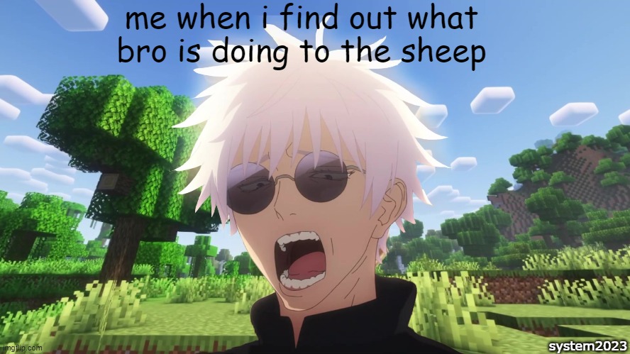 bro what is he doing to it :sob: | me when i find out what bro is doing to the sheep; system2023 | image tagged in funny,memes,funny memes,minecraft,jujutsu kaisen | made w/ Imgflip meme maker