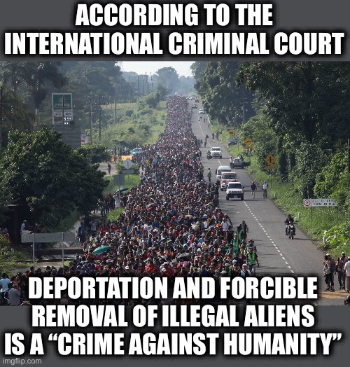 Migrant Caravan | ACCORDING TO THE INTERNATIONAL CRIMINAL COURT; DEPORTATION AND FORCIBLE REMOVAL OF ILLEGAL ALIENS IS A “CRIME AGAINST HUMANITY” | image tagged in migrant caravan,liberal logic,stupid liberals,libtards,liberal hypocrisy,invasion | made w/ Imgflip meme maker