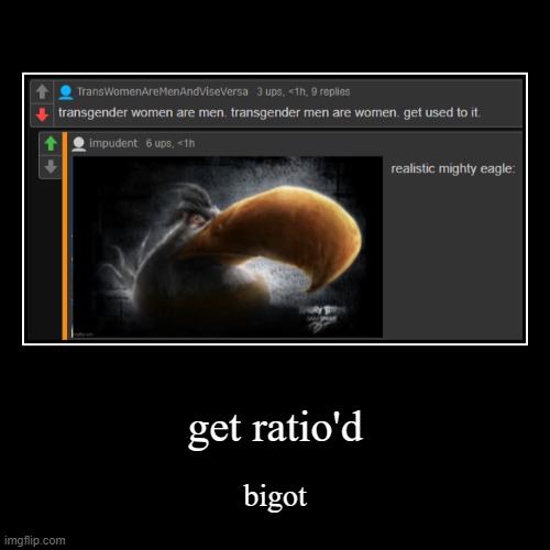 get ratio'd | bigot | image tagged in funny,demotivationals | made w/ Imgflip demotivational maker