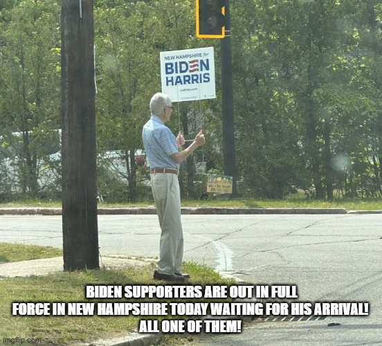Biden supporters are out in full force,, | BIDEN SUPPORTERS ARE OUT IN FULL FORCE IN NEW HAMPSHIRE TODAY WAITING FOR HIS ARRIVAL! 
ALL ONE OF THEM! | image tagged in biden | made w/ Imgflip meme maker