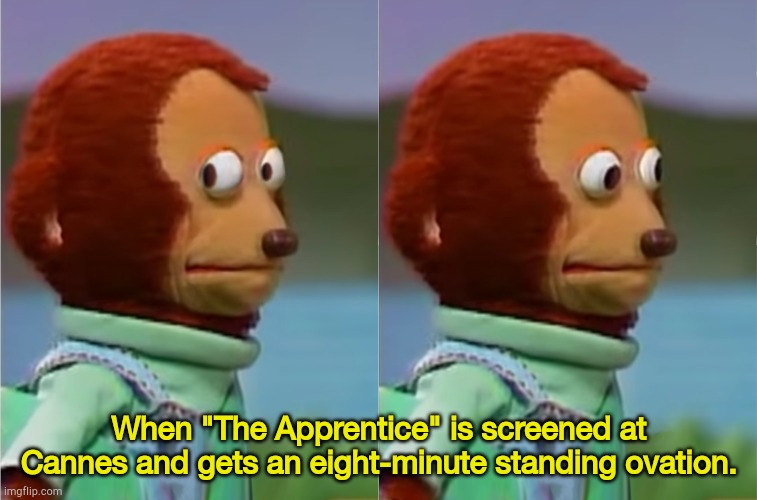 Trumpuppets look away | When "The Apprentice" is screened at Cannes and gets an eight-minute standing ovation. | image tagged in puppet monkey looking away | made w/ Imgflip meme maker