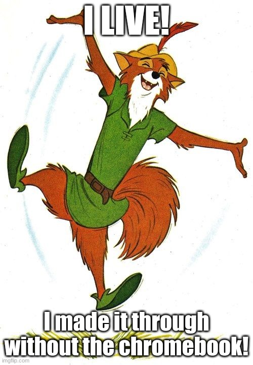 Disney Robin Hood | I LIVE! I made it through without the chromebook! | image tagged in disney robin hood | made w/ Imgflip meme maker
