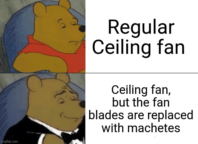 Regular Ceiling fans are boring | Regular Ceiling fan; Ceiling fan, but the fan blades are replaced with machetes | image tagged in memes,tuxedo winnie the pooh,jpfan102504 | made w/ Imgflip meme maker
