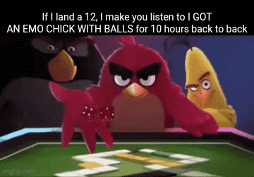 Smooth, looping GIF of a physical Angry Birds-themed dice with bird faces on each side being rolled on a wooden surface.