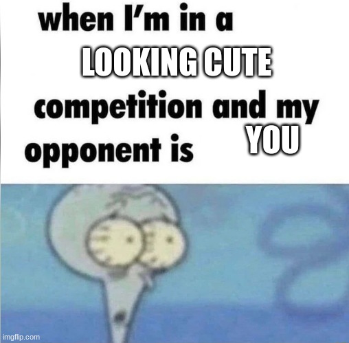 hehehe | LOOKING CUTE; YOU | image tagged in whe i'm in a competition and my opponent is | made w/ Imgflip meme maker