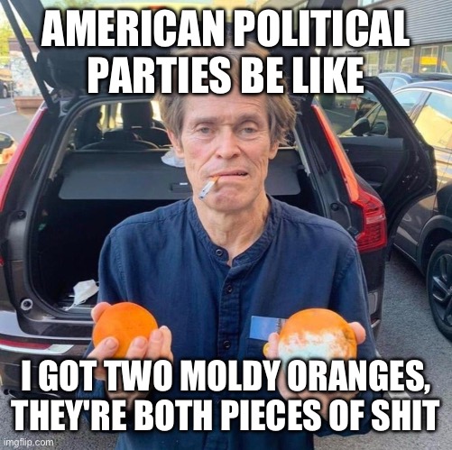 AMERICAN POLITICAL PARTIES BE LIKE I GOT TWO MOLDY ORANGES, THEY'RE BOTH PIECES OF SHIT | made w/ Imgflip meme maker