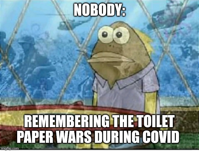 Toilet paper wars | NOBODY:; REMEMBERING THE TOILET PAPER WARS DURING COVID | image tagged in flashbacks,covid-19,jpfan102504 | made w/ Imgflip meme maker