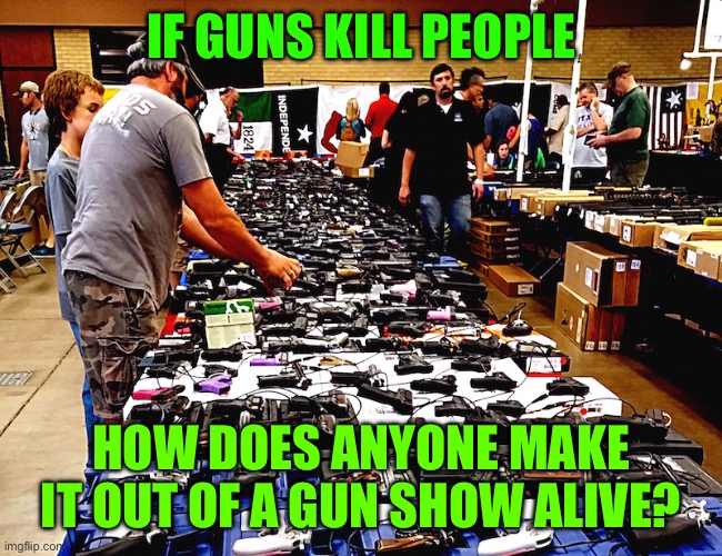 Gun Show | IF GUNS KILL PEOPLE; HOW DOES ANYONE MAKE IT OUT OF A GUN SHOW ALIVE? | image tagged in gun show | made w/ Imgflip meme maker