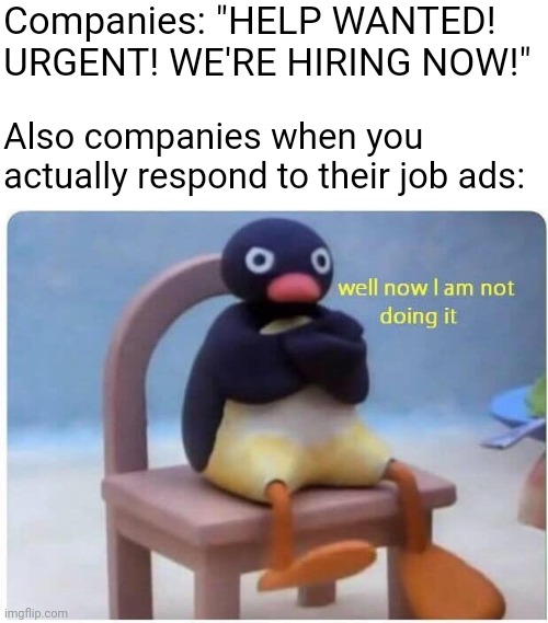 Is there a labor shortage? Or just stubborn "employers" who aren't actually willing to give you a chance to be employed? | Companies: "HELP WANTED! URGENT! WE'RE HIRING NOW!"; Also companies when you actually respond to their job ads: | image tagged in well now i'm not doing it,employment,unemployment,work,jobs,hypocrisy | made w/ Imgflip meme maker