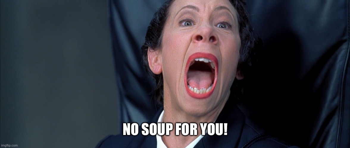Frau Farbissina | NO SOUP FOR YOU! | image tagged in frau farbissina | made w/ Imgflip meme maker