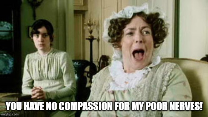 My poor nerves | YOU HAVE NO COMPASSION FOR MY POOR NERVES! | image tagged in jane austen | made w/ Imgflip meme maker