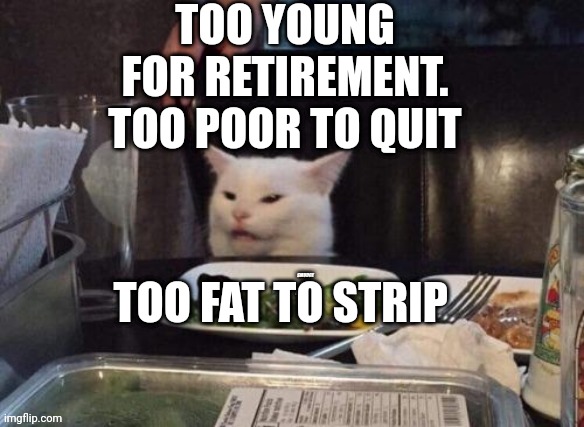 Smudge that darn cat | TOO YOUNG FOR RETIREMENT. TOO POOR TO QUIT; TOO FAT TO STRIP | image tagged in smudge that darn cat | made w/ Imgflip meme maker