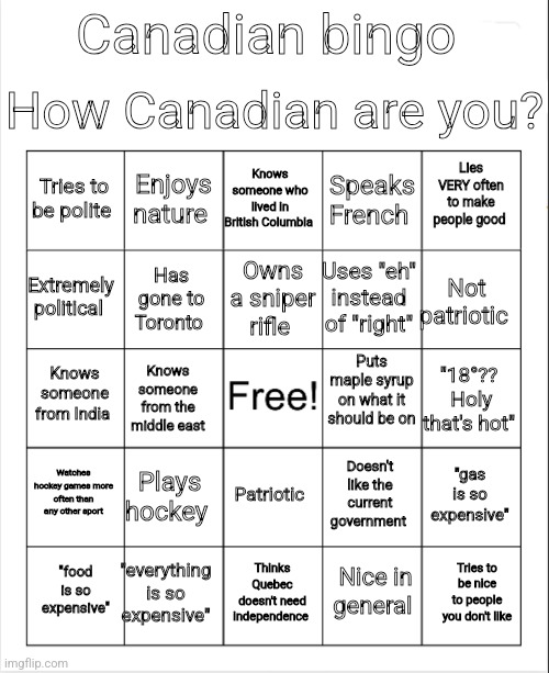 Download it MFs I don't care | How Canadian are you? Canadian bingo; Knows someone who lived in British Columbia; Enjoys nature; Lies VERY often to make people good; Tries to be polite; Speaks French; Owns a sniper rifle; Extremely political; Not patriotic; Uses "eh" instead of "right"; Has gone to Toronto; Puts maple syrup on what it should be on; Knows someone from India; "18°??  Holy that's hot"; Knows someone from the middle east; Watches hockey games more often than any other sport; Plays hockey; "gas is so expensive"; Doesn't like the current government; Patriotic; "everything is so expensive"; Tries to be nice to people you don't like; "food is so expensive"; Thinks Quebec doesn't need independence; Nice in general | image tagged in blank bingo | made w/ Imgflip meme maker