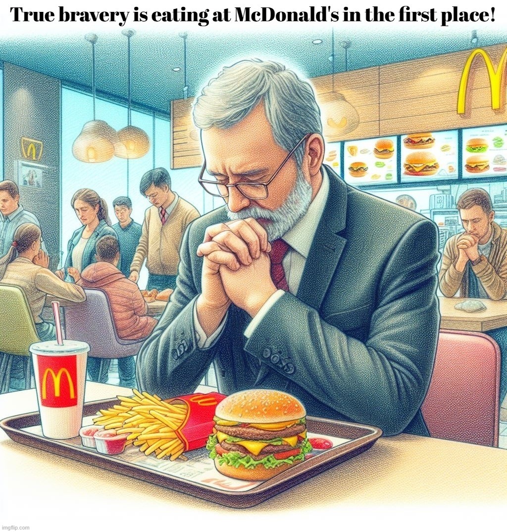 True bravery is eating at McDonald's in the first place! | image tagged in braveheart,bravery,fat kid walks into mcdonalds,sad but true,sad diet,standard america diet | made w/ Imgflip meme maker