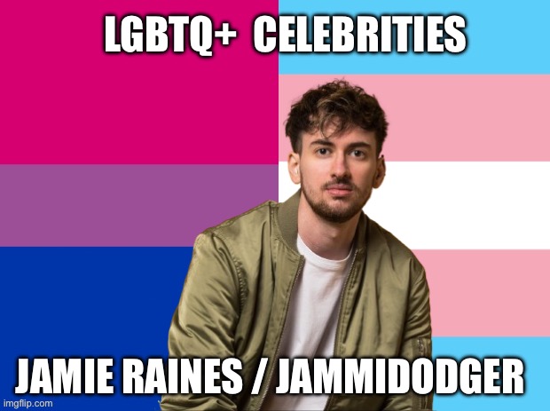 LGBTQ+ Celebrities: Jammidodger | LGBTQ+  CELEBRITIES; JAMIE RAINES / JAMMIDODGER | image tagged in bisexual,transgender,lgbtq,youtube,reddit,twitch | made w/ Imgflip meme maker