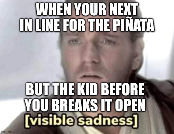 Obi-Wan Kenobi visible sadness | WHEN YOUR NEXT IN LINE FOR THE PIÑATA; BUT THE KID BEFORE YOU BREAKS IT OPEN | image tagged in obi-wan kenobi visible sadness | made w/ Imgflip meme maker