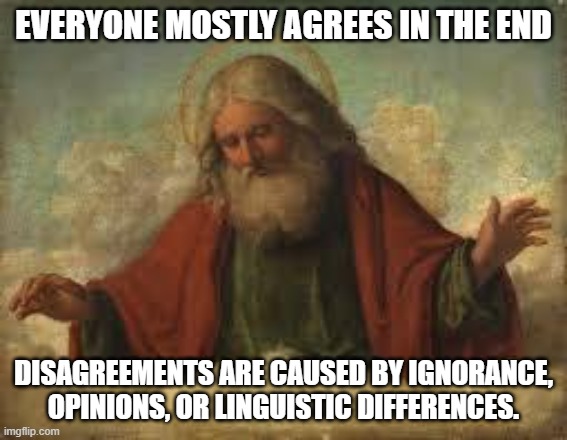 god | EVERYONE MOSTLY AGREES IN THE END DISAGREEMENTS ARE CAUSED BY IGNORANCE, OPINIONS, OR LINGUISTIC DIFFERENCES. | image tagged in god | made w/ Imgflip meme maker