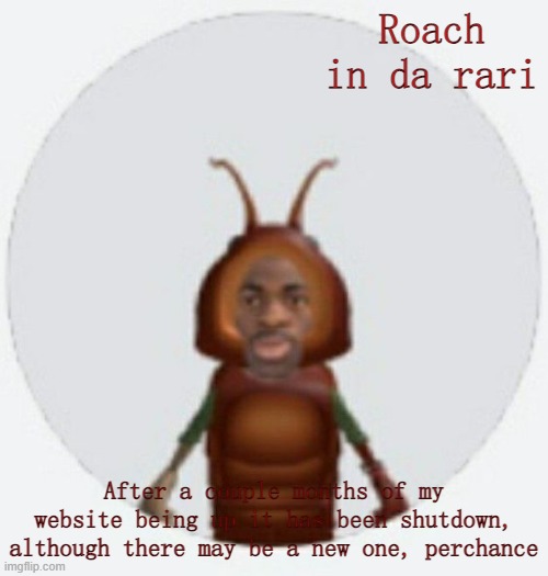 So sad guys so sad | Roach in da rari; After a couple months of my website being up it has been shutdown, although there may be a new one, perchance | image tagged in lil naz roach-x announcement temp | made w/ Imgflip meme maker