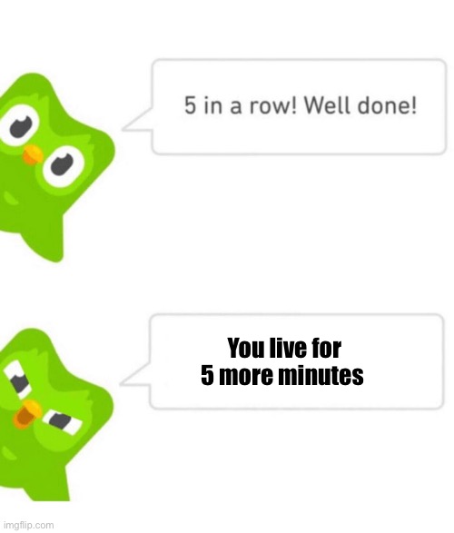 Duolingo meme | You live for 5 more minutes | image tagged in duolingo 5 in a row,duolingo,duolingo bird,duo gets mad | made w/ Imgflip meme maker