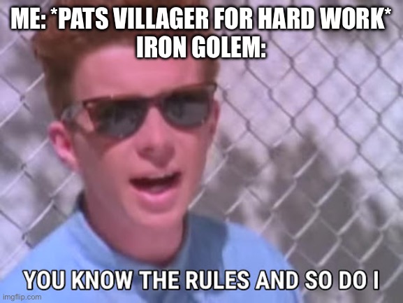 Rick astley you know the rules | ME: *PATS VILLAGER FOR HARD WORK*
IRON GOLEM: | image tagged in rick astley you know the rules | made w/ Imgflip meme maker