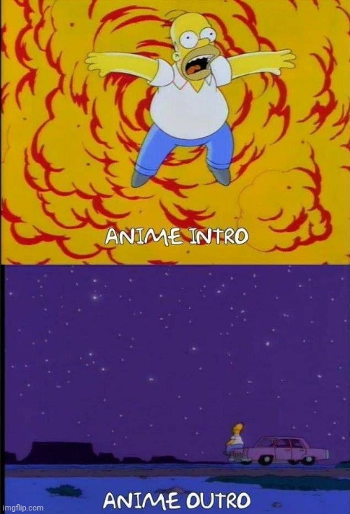 Anime intros to outro | image tagged in homer simpson,anime,funny | made w/ Imgflip meme maker