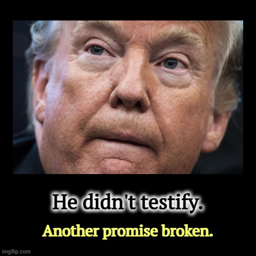 Coward! | He didn't testify. | Another promise broken. | image tagged in funny,demotivationals,trump,promises,broken,coward | made w/ Imgflip demotivational maker