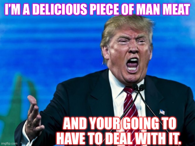 trump yelling | I’M A DELICIOUS PIECE OF MAN MEAT; AND YOUR GOING TO HAVE TO DEAL WITH IT. | image tagged in trump yelling | made w/ Imgflip meme maker