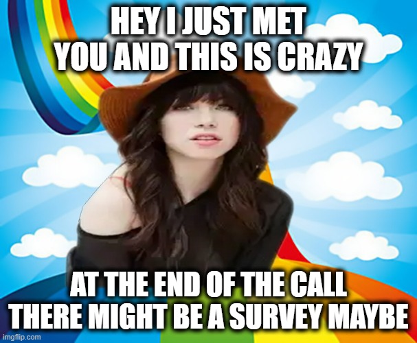 Their might be a survey maybe | HEY I JUST MET YOU AND THIS IS CRAZY; AT THE END OF THE CALL THERE MIGHT BE A SURVEY MAYBE | image tagged in carly rae,survey,i just met you,this is crazy,call me maybe | made w/ Imgflip meme maker