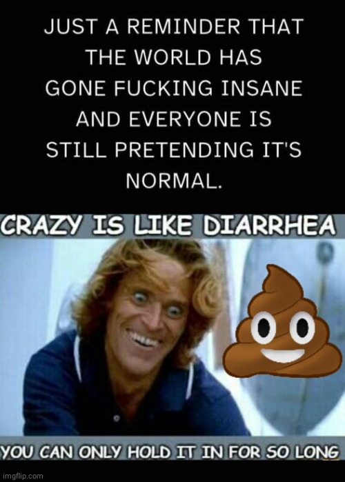 World has gone crazy | image tagged in crazy,poop,willem dafoe | made w/ Imgflip meme maker