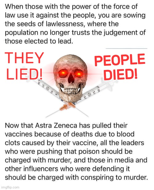 Big Pharma lied and people died | PEOPLE DIED! THEY LIED! | image tagged in blank white template,skull,big pharma,poison | made w/ Imgflip meme maker