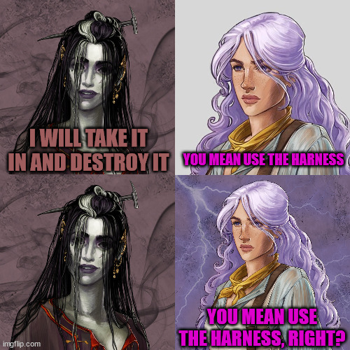 You mean use the harness, right? | YOU MEAN USE THE HARNESS; I WILL TAKE IT IN AND DESTROY IT; YOU MEAN USE THE HARNESS, RIGHT? | image tagged in critical role,dnd,imogen,laudna,otohan,bells hells | made w/ Imgflip meme maker