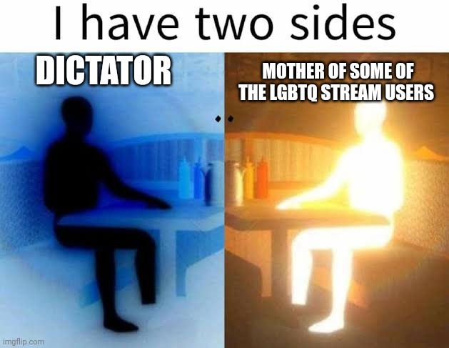 My lifeblood is Sabaton  | DICTATOR; MOTHER OF SOME OF THE LGBTQ STREAM USERS | image tagged in i have two sides | made w/ Imgflip meme maker