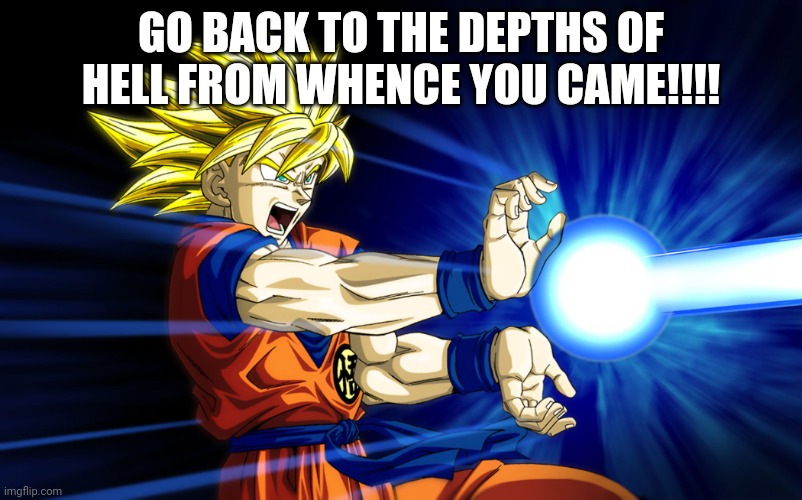Kamehameha | GO BACK TO THE DEPTHS OF HELL FROM WHENCE YOU CAME!!!! | image tagged in kamehameha | made w/ Imgflip meme maker
